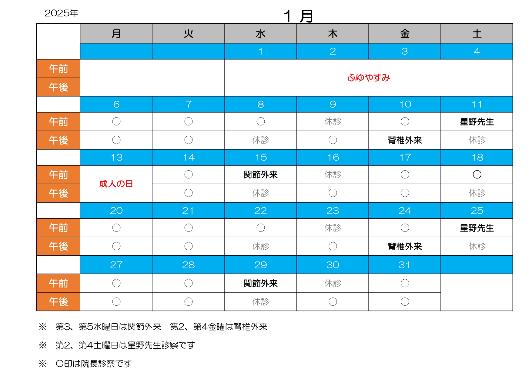 診療カレンダー1月